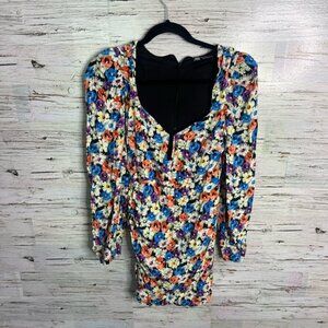 Zara Orange and Blue Puff Sleeve Bodycon Dress floral size xs